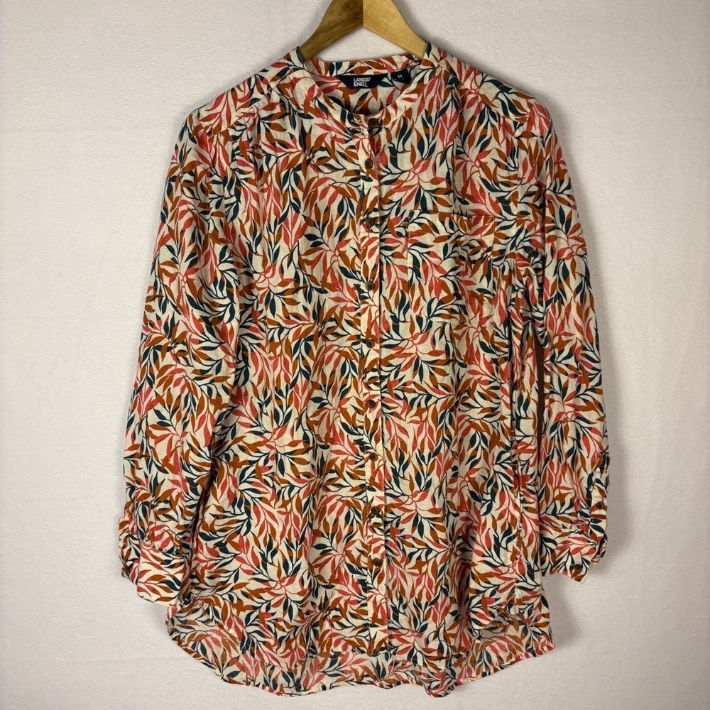 Lands' End 100% Linen Multicolor Floral Button Down Tunic Top